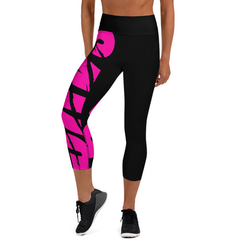 Women’s A2S SAVG Yoga Capri Leggings Black w/ Pink Print